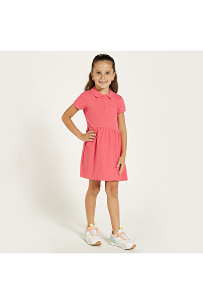 Juniors Solid Polo Dress With Short Sleeves And Button Closure