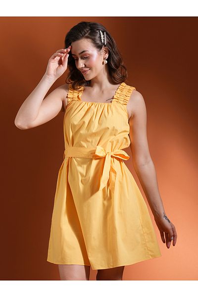 Globus By Styli Women Yellow Solid Square Neck Belted Mini A-Line Dress with Ruched Detail