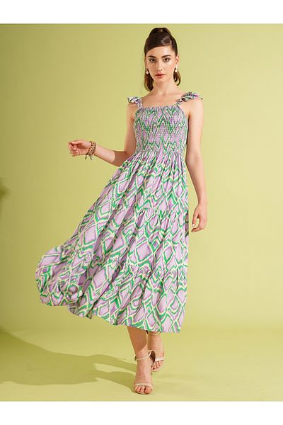 Globus By Styli Women All-Over Print Strappy Tiered Midi Dress with Smocking