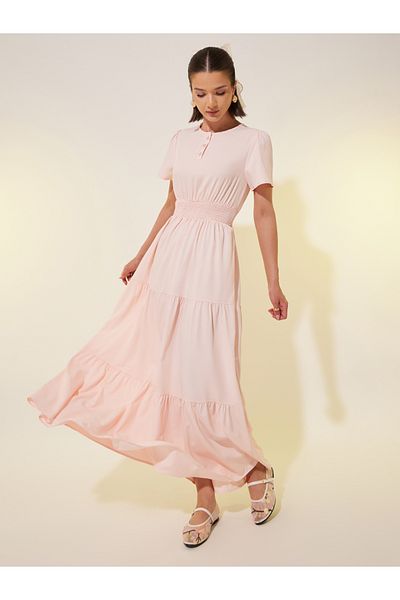 Styli Solid Smocked Waist Puff Sleeves Tiered Maxi Dress
