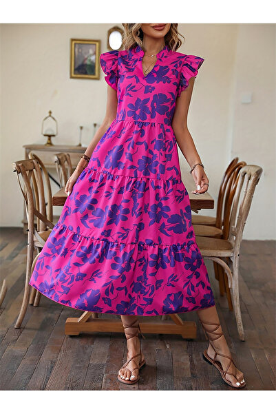 Take Two By Styli Floral Print Ruffled Sleeve Tiered Midi Dress