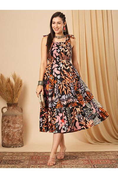 Globus By Styli Women Black Printed Tie Sleeves Tiered Midi Dress