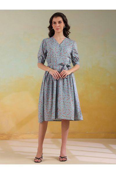 Sanskrutihomes By Styli Women Floral Printed Puff Sleeves A-Line Knee-Length Dress