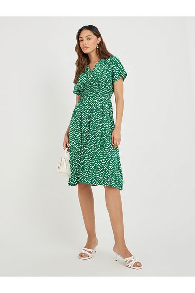 Take Two By Styli Women Green Ditsy Floral Print V Neck A-Line Knee Length Dress