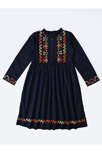 Bella Moda By Styli Embroidered 3/4 Sleeves Cotton Dress with Button Front
