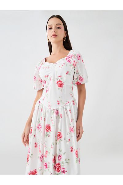 Styli Floral Print Sweetheart Neck Midi Dress