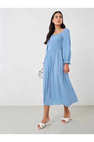 Take Two By Styli Solid Balloon Sleeve Smocked Detail Midi Dress