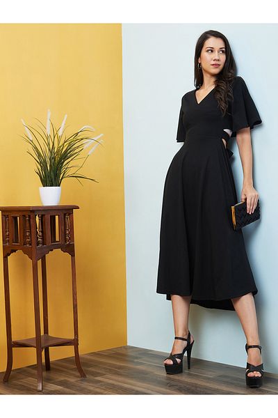 Globus By Styli Women Black Solid V Neck A-Line Midi Dress with Cut Out Back