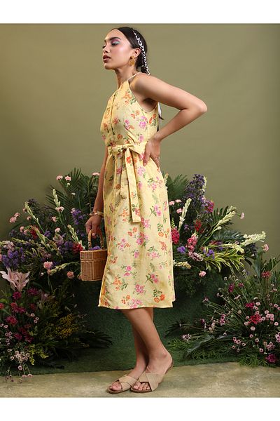 Vishudh By Styli Floral Printed Halter Neck A-Line Midi Dress with Belt
