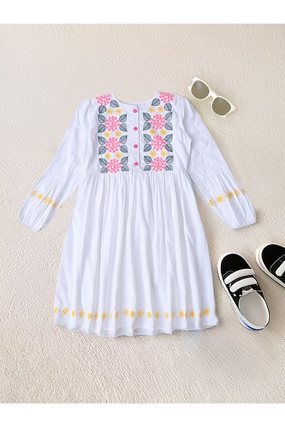 Bella Moda By Styli Embroidered 3/4 Sleeves Cotton Dress with Button Front