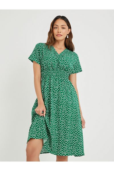 Take Two By Styli Women Green Ditsy Floral Print V Neck A-Line Knee Length Dress