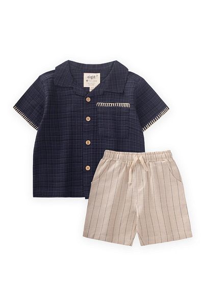 Cigit Handcrafted Detailed Shirt Suit 2-10 Years Navy Blue