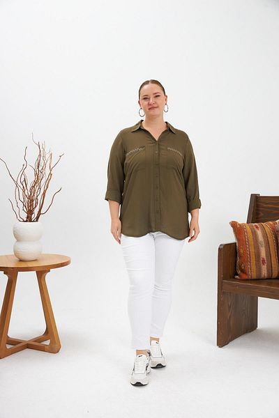 RMG Chain Embroidery Detail Large Size Shirt Khaki