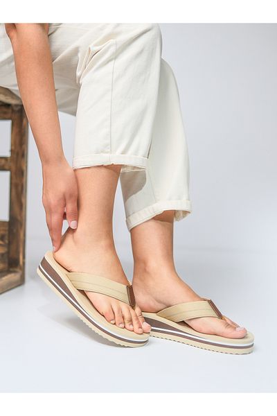 HANOX İrene Beige Wedge Heel Women's Flip Flops Beach Slippers Flip Flops (4.0) cm