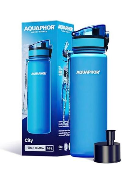 Aquaphor City Bottle 500ml Blue | Travel Water Bottle with Activated Carbon Filter | Filters Chlorin