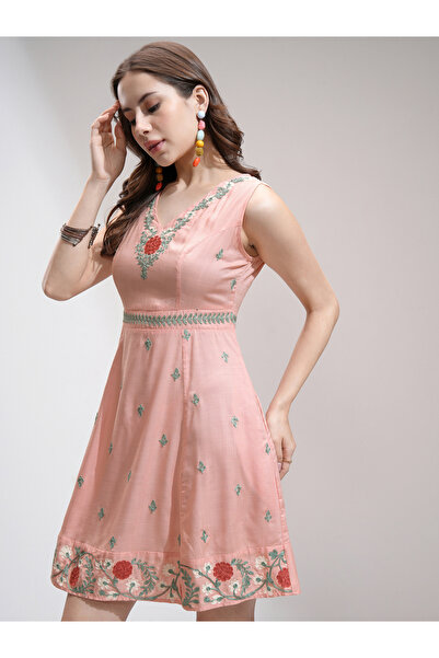 Vishudh By Styli Women Embroidered V Neck A-Line Mini Dress