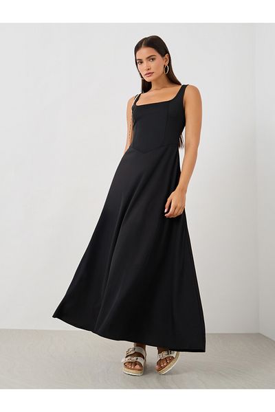 Styli Plain Sleeveless A-Line Maxi Dress with Square Neck