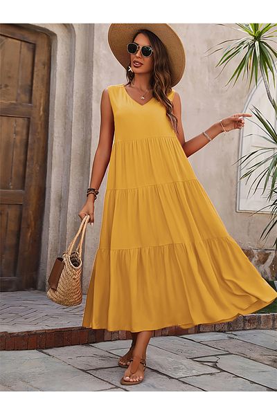 Take Two By Styli Solid V-Neck Ruffle Hem Midi Dress
