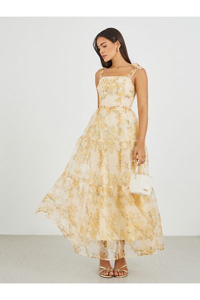 Styli Floral Print Tie-Sleeve Tiered Maxi Dress