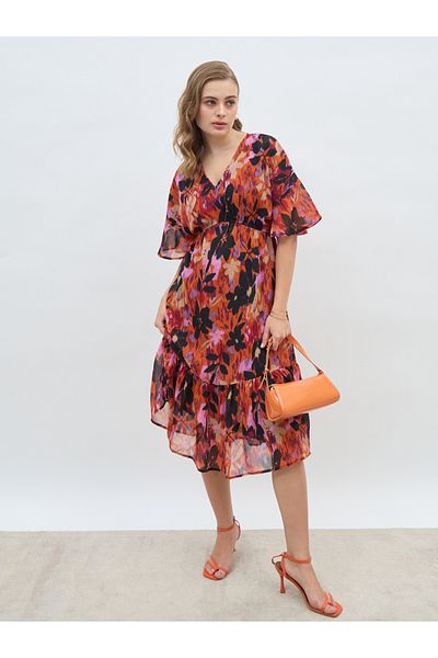 Styli All-Over Floral Print V Neck A-Line Midi Dress