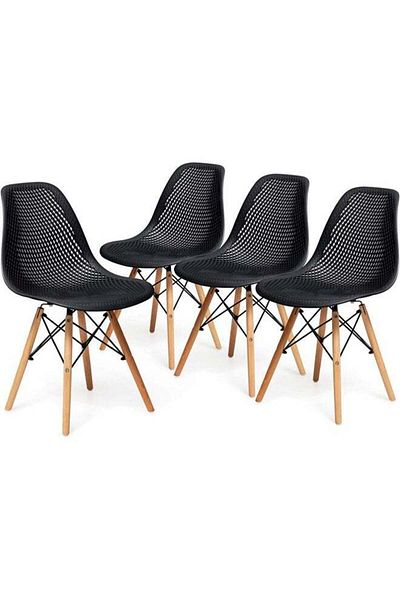 Taimi Pack of 4 Plastic Chair with Wooden Legs for Office Dining Kitchen Living Room Black 70x40x40cm