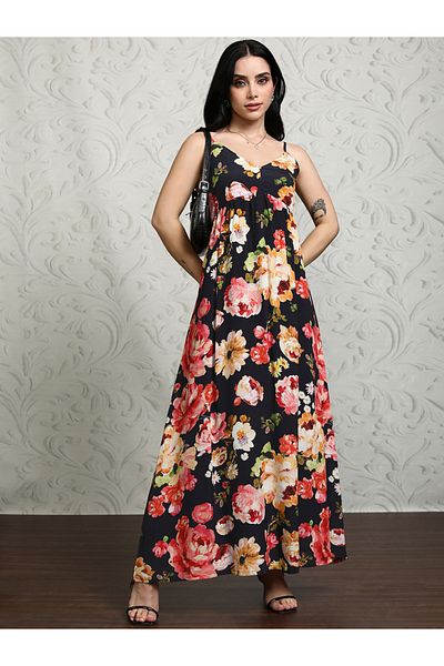 Vishudh By Styli Women Floral Printed Strappy A-Line Maxi Dress with Smocked Back