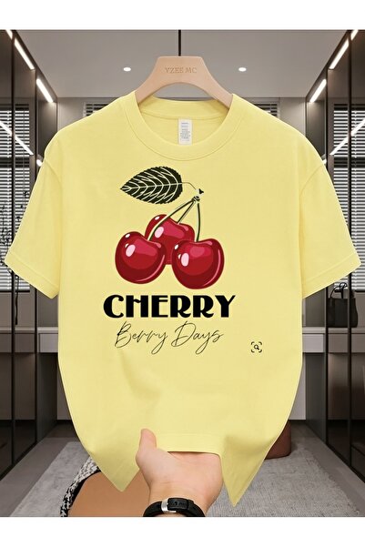 MEİLİFENG Tricou unisex din bumbac, supradimensionat, cu imprimeu Cherry Bery...
