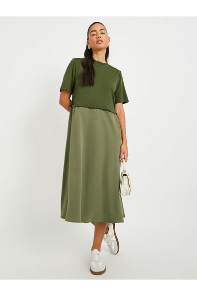 Styli Solid Short Sleeve Twofer A-Line Midi Dress