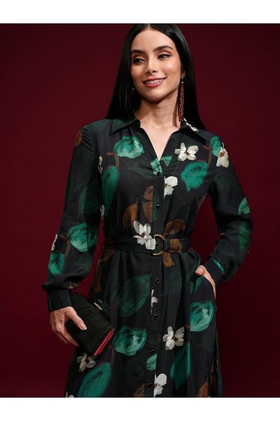 Vishudh By Styli Floral Printed Belted Shirt Midi Dress