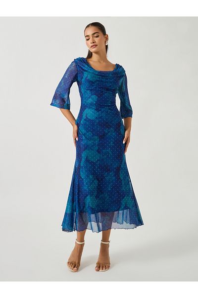 Styli Printed Wide Neck Bell Sleeves Mermaid Hem Midi Dress