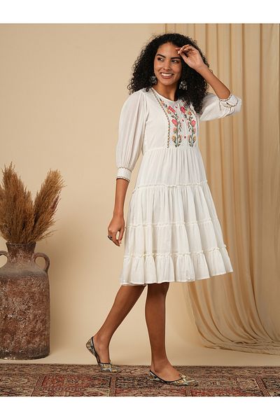 Globus By Styli Women Off-White Embroidered Yoke Tiered Knee-Length Dress