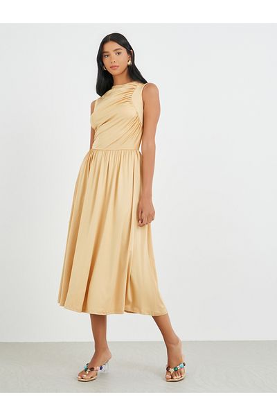 Styli Women Beige Solid Sleeveless A-Line Midi Dress with Gathered Detail