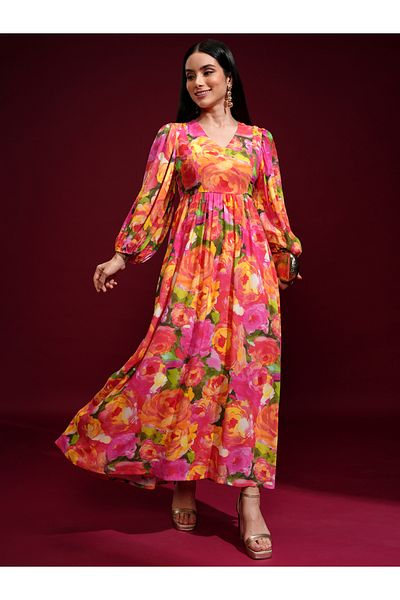 Vishudh By Styli Women Floral Printed Balloon Sleeves A-Line Maxi Dress