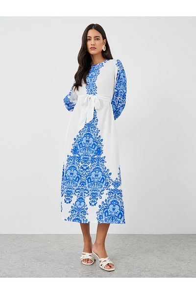 Keenly By Styli Floral Print Tie Waist Round Neck Maxi Dress