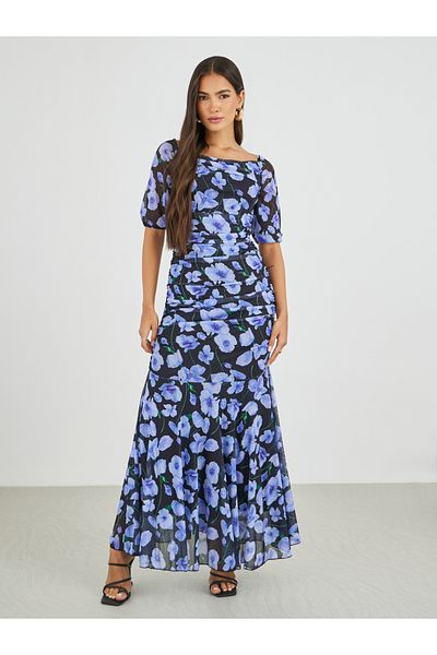 Styli All-Over Floral Print Ruched A-Line Maxi Dress