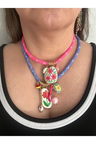 ALS Tasarım Dünyası Women's Brand Model Pink and Blue Color Thick Rope End Flower and Fish Figured Stylish Design 2-Piece Necklace