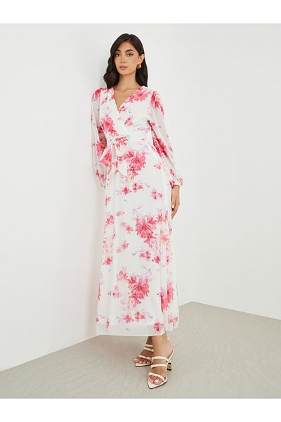 Styli Floral Print V Neck Chiffon A-Line Maxi Dress