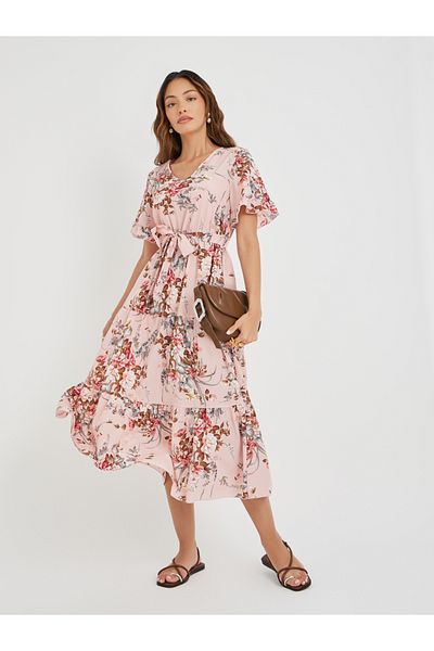 Take Two By Styli Women Pink Floral Print Ruffle Trim A-Line Midi Dress with Tie Waist