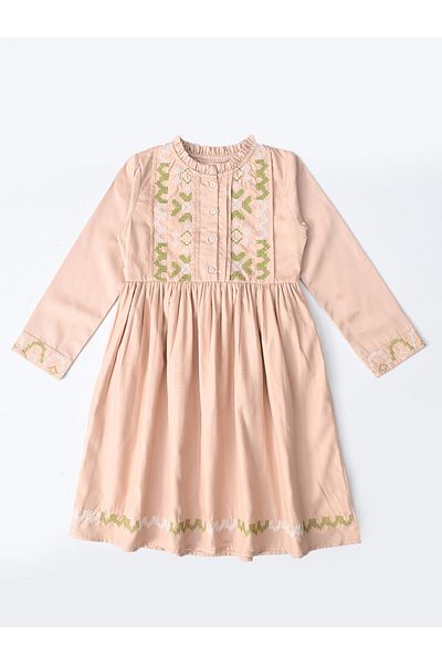 Bella Moda By Styli Embroidered 3/4 Sleeves Cotton Dress with Button Front