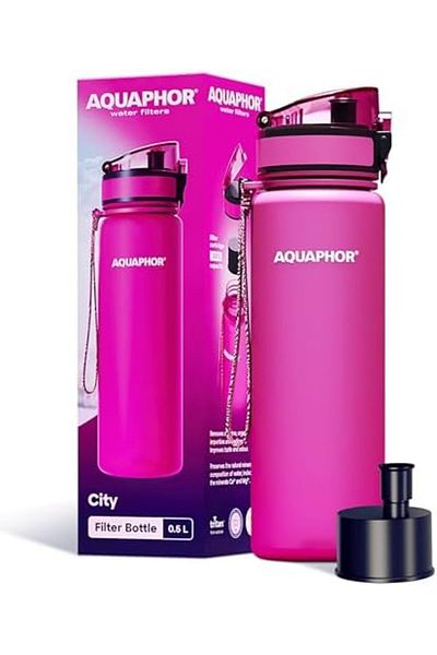 Aquaphor City Bottle 500ml Pink | Travel Water Bottle with Activated Carbon Filter | Filters Chlorin