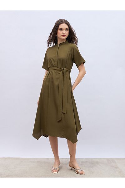 Styli Women Olive Solid Collared Shirt Dress with Asymmetric Hem