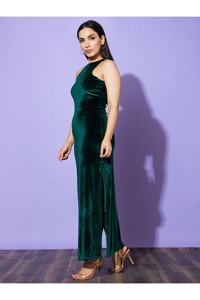 Globus By Styli Women Green Solid Halter Neck Sheath Maxi Dress with Slit