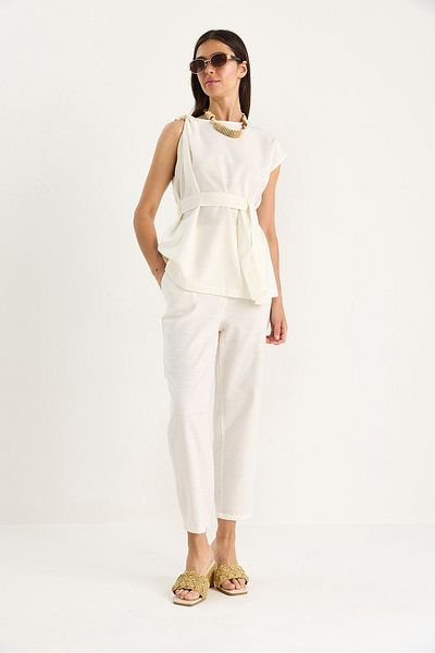 Bianco Lucci Women's Shoulder Knot Detailed Belted Linen Top-Top Set 9369 60281075