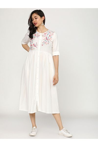 Vishudh By Styli Embroidered Round Neck A-Line Midi Dress with Button Front