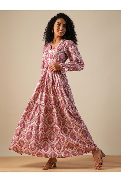 Globus By Styli Women Pink All-Over Print V Neck Tiered Maxi Dress with Cut Out Detail