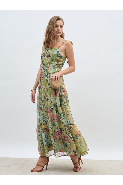 Styli All-Over Floral Print Tie Sleeves Tiered Maxi Dress