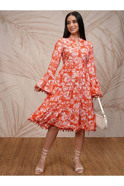Vishudh By Styli Women Tie and Dye Printed A-Line Midi Dress with Pompom Detail