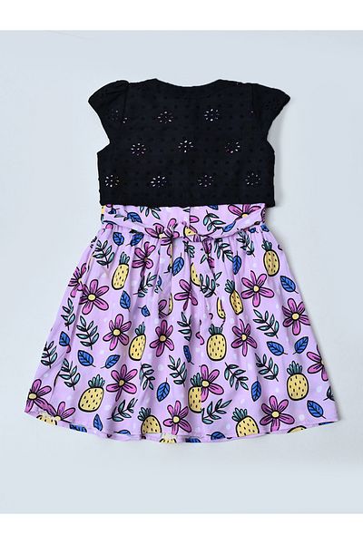 Bella Moda By Styli Printed Schiffli Cotton A-Line Dress with Lining