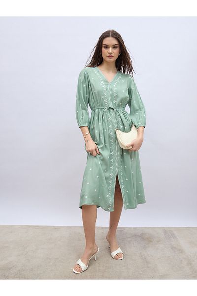Styli Embroidered Balloon Sleeve A-Line Midi Dress