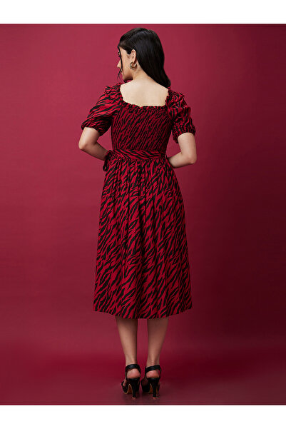 Globus By Styli Women Zebra Print Smocked A-Line Midi Dress with Belted Waist